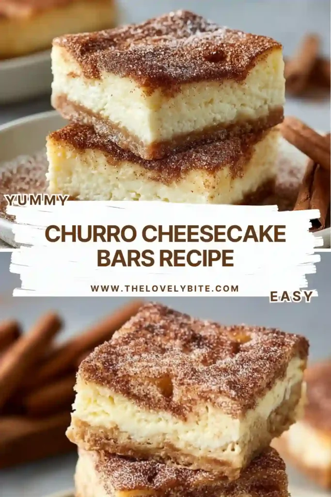 Golden Churro Cheesecake Bars sliced into squares with creamy cheesecake filling and cinnamon sugar topping. The flaky crescent dough layers create a rich and delicious dessert texture.