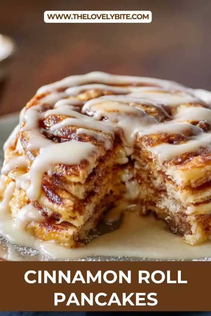 Close-up of buttermilk Cinnamon Roll Pancakes layered with cinnamon filling and sweet glaze. These fluffy pancakes make a comforting family breakfast recipe.