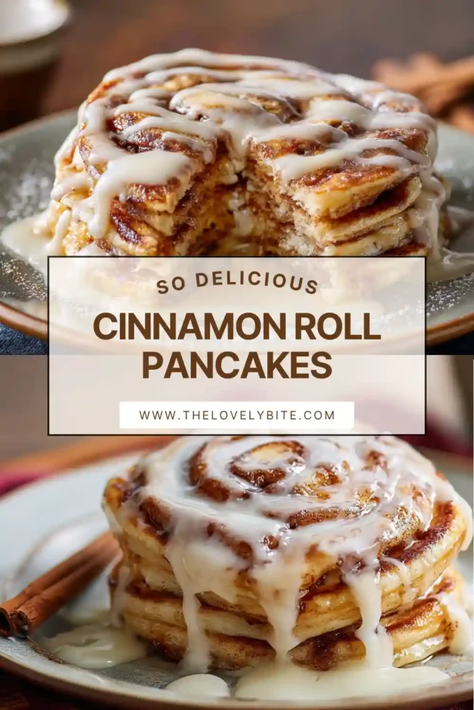 Golden Cinnamon Roll Pancakes with cream cheese icing and cinnamon spiral details on a breakfast plate. A warm and cozy homemade pancake dish for weekend mornings.