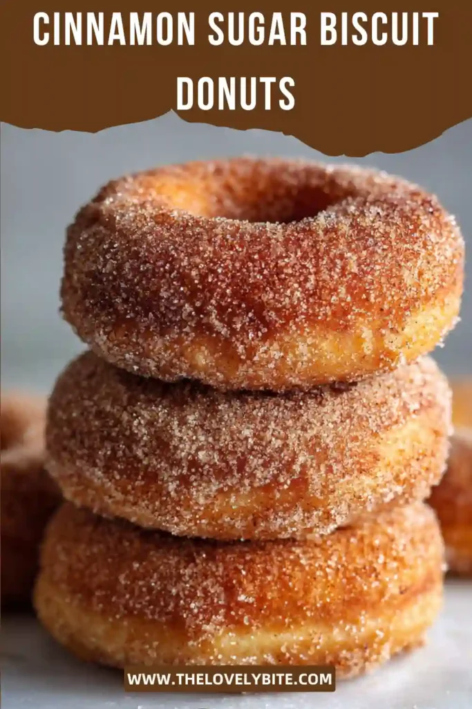 Freshly made Cinnamon Sugar Biscuit Donuts stacked on a plate with a generous cinnamon sugar coating. These homemade biscuit donuts are golden brown, fluffy, and perfect for breakfast or dessert.