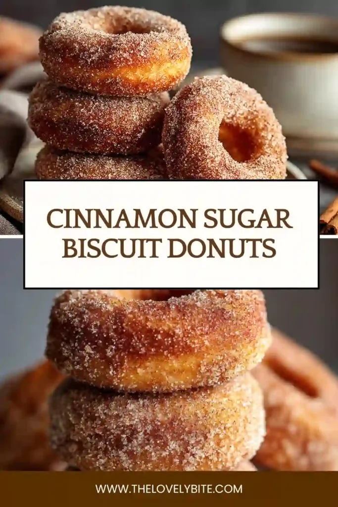 Close-up of homemade Cinnamon Sugar Biscuit Donuts with fluffy centers and crisp edges. This easy donut recipe uses canned biscuit dough for a quick sweet treat.