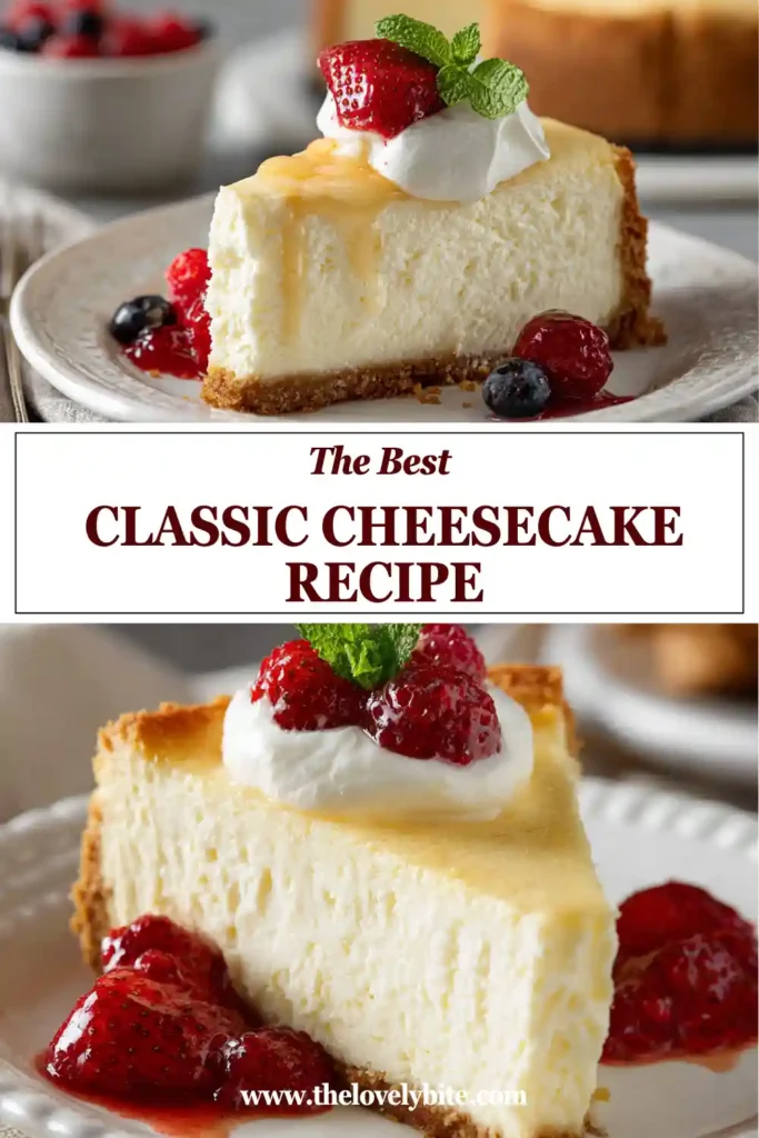This homemade Classic Cheesecake Recipe features a golden graham cracker crust and a silky cream cheese filling. Each slice looks rich, smooth, and perfectly baked.
