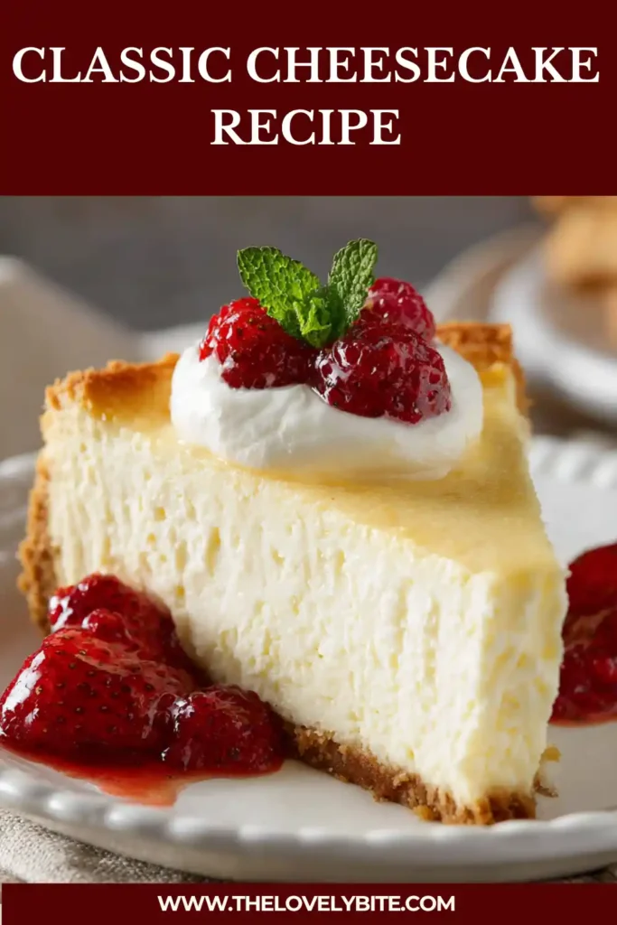 A creamy Classic Cheesecake Recipe topped with fresh berries and served on a white dessert plate. The smooth cheesecake filling sits on a buttery graham cracker crust with a rich baked finish.