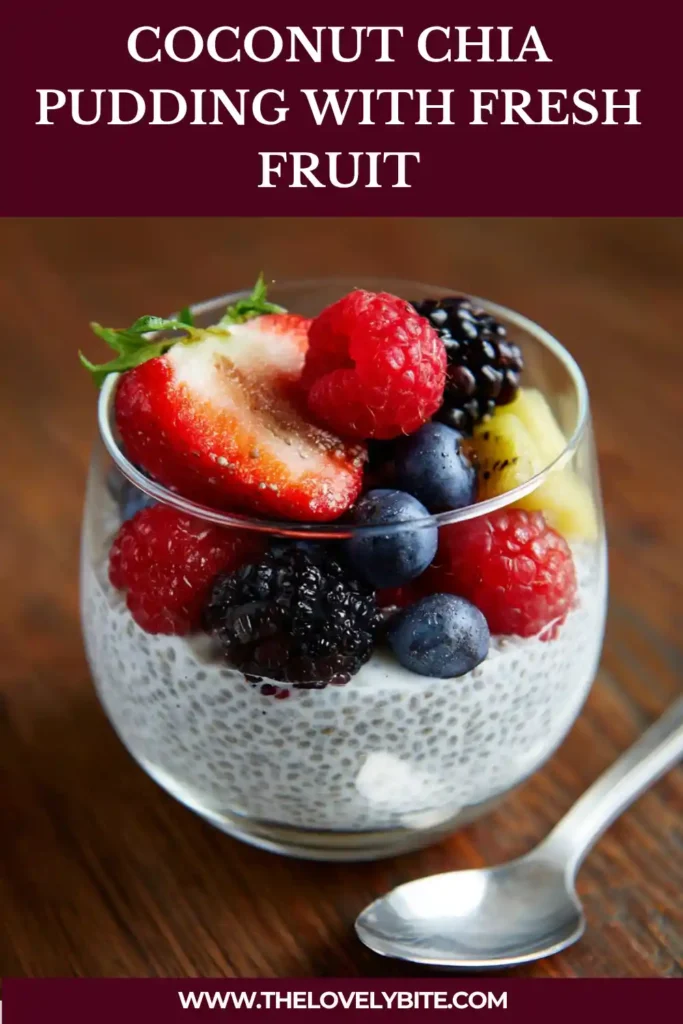 Close-up of Coconut Chia Pudding made with coconut milk and chia seeds, finished with fresh mixed berries. The healthy vegan pudding has a thick and creamy texture.