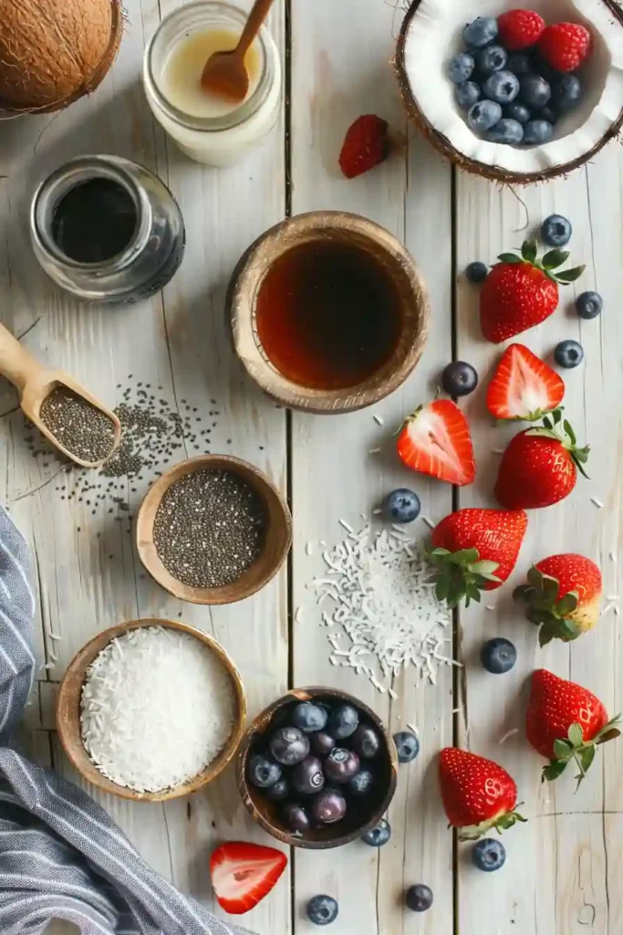 Overnight Coconut Chia Pudding topped with blueberries and strawberries on a wooden table. The creamy vegan pudding is perfect for meal prep and healthy snacking.