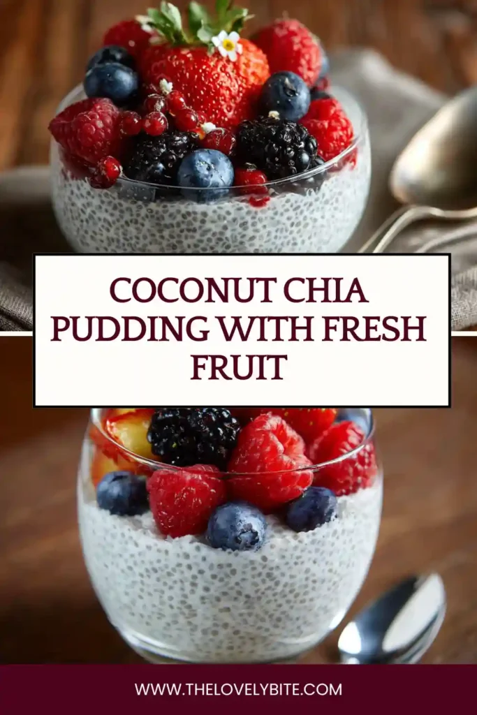 Healthy Coconut Chia Pudding served in a small bowl with fresh fruit and coconut flakes. This dairy free and gluten free breakfast is colorful and naturally sweet.