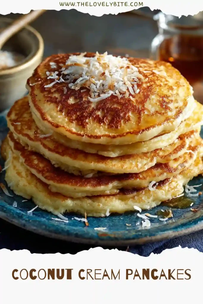 Homemade Coconut Cream Pancakes served with fresh berries and syrup on a rustic wooden table. These tropical pancakes are made with coconut milk and unsweetened shredded coconut.