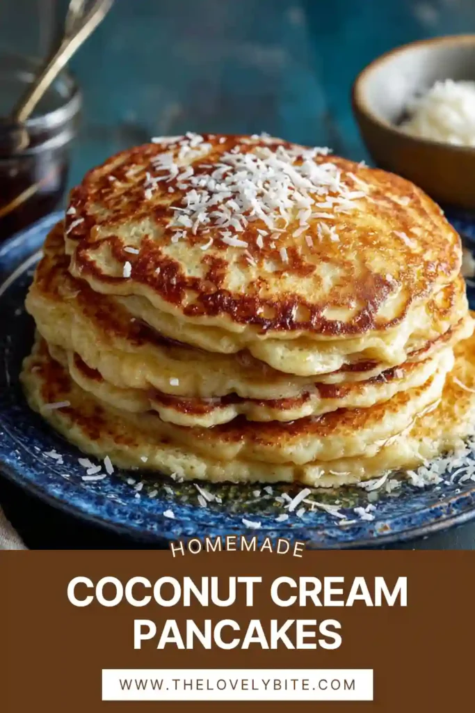 Close-up of warm Coconut Cream Pancakes layered high with toasted coconut flakes and butter melting on top. The pancakes look fluffy, rich, and perfect for a comforting breakfast.