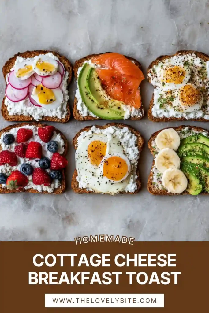 Savory Cottage Cheese Breakfast Toast topped with avocado, red pepper flakes, and flaky sea salt on crispy whole grain bread. A quick healthy breakfast option ready in minutes.