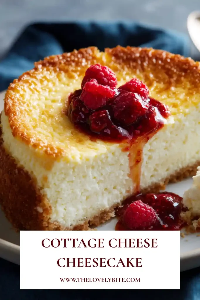 Close-up of a baked Cottage Cheese Cheesecake with a light and creamy filling made from cottage cheese and Greek yogurt. Fresh strawberries and homemade granola add texture and flavor.