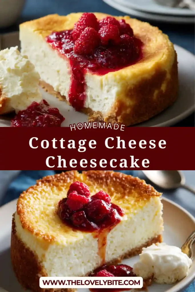 Healthy Cottage Cheese Cheesecake served with strawberry topping and yogurt for a simple high protein dessert. The cheesecake features a golden crust and silky smooth center.