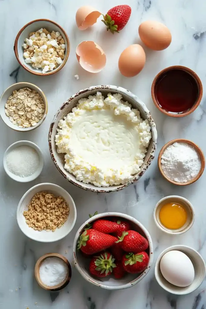 A creamy Cottage Cheese Cheesecake topped with fresh strawberry compote and crunchy granola on a white dessert plate. This high protein cheesecake has a smooth texture and golden graham cracker crust.