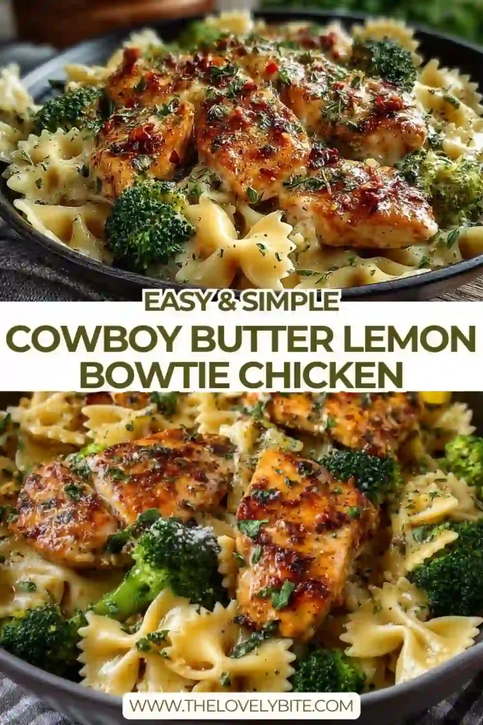 Creamy cowboy butter chicken pasta served with broccoli and fresh herbs in a rustic bowl. The lemon garlic sauce gives the dish a rich and vibrant finish.