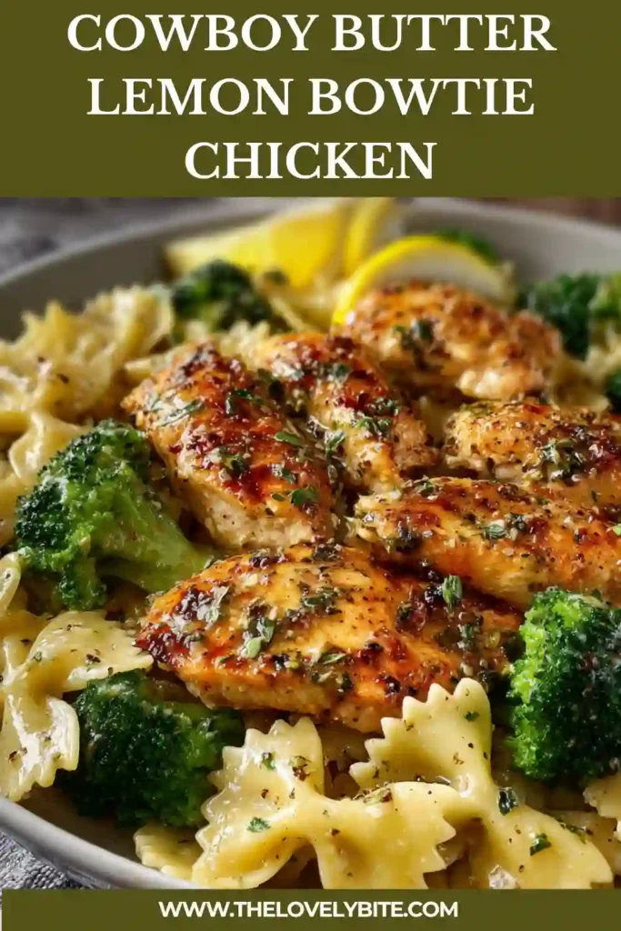 Bowtie pasta tossed with Cajun chicken, broccoli, Parmesan cheese, and cowboy butter lemon sauce for a comforting skillet dinner recipe.
