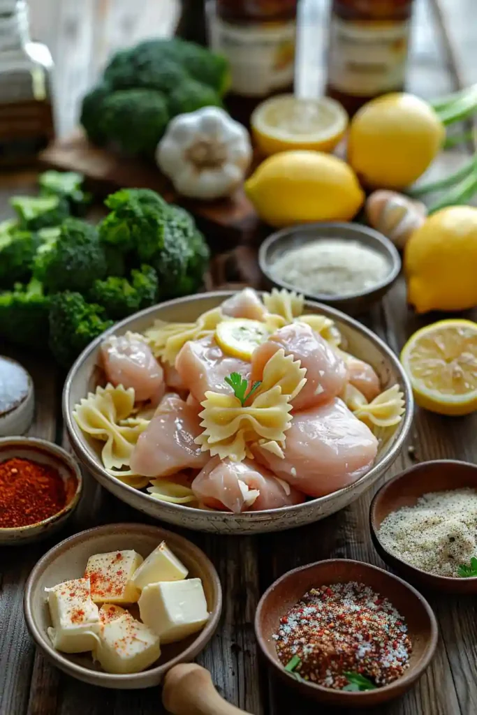 A bowl of Cowboy Butter Lemon Bowtie Chicken with tender Cajun chicken, broccoli florets, and creamy Parmesan bowtie pasta coated in buttery lemon garlic sauce.