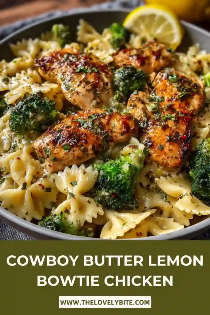 Close-up of Cowboy Butter Lemon Bowtie Chicken topped with parsley and Parmesan cheese in a creamy garlic butter sauce.