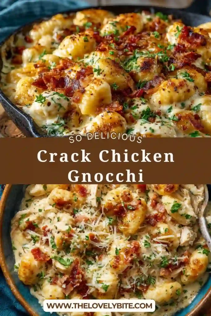 A close-up of Crack Chicken Gnocchi baked with golden melted cheese and garnished with fresh parsley. This creamy chicken gnocchi recipe is perfect for cozy family dinners.