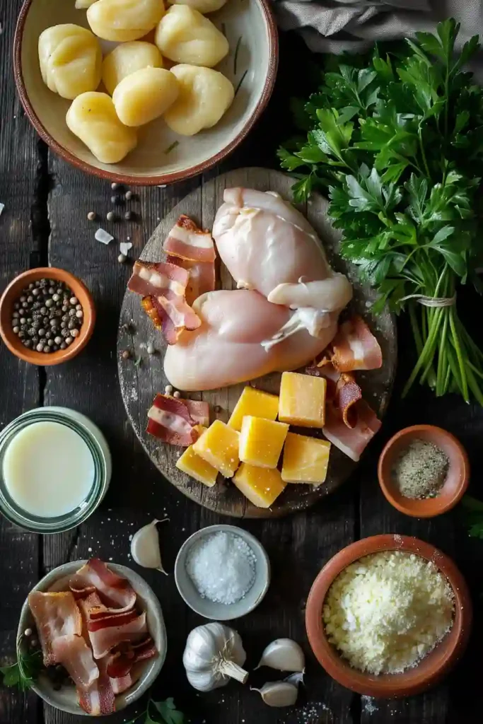 Creamy Crack Chicken Gnocchi served in a skillet with tender chicken pieces, soft potato gnocchi, melted cheddar cheese, and crispy turkey bacon topping. The rich sauce looks thick and comforting.
