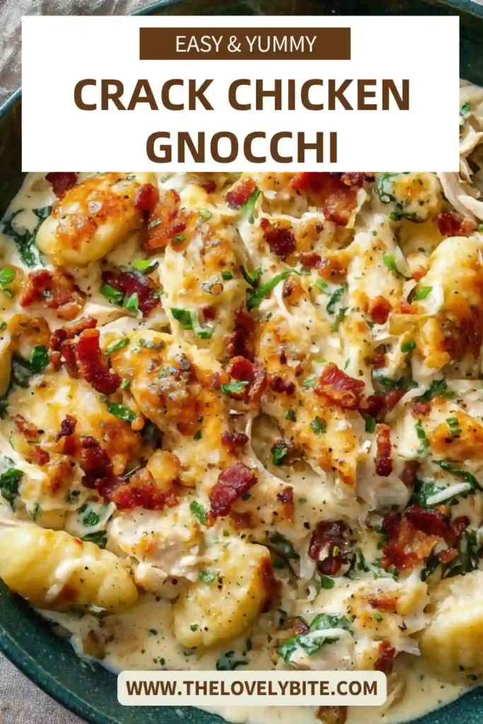 Cheesy Crack Chicken Gnocchi in a white serving dish topped with crispy turkey bacon and herbs. The creamy sauce coats every bite of potato gnocchi and chicken.