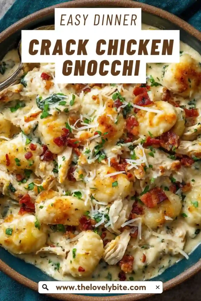 Warm Crack Chicken Gnocchi made with juicy chicken breast, creamy cheese sauce, and fluffy gnocchi. A comforting one-pan dinner recipe with rich savory flavor.