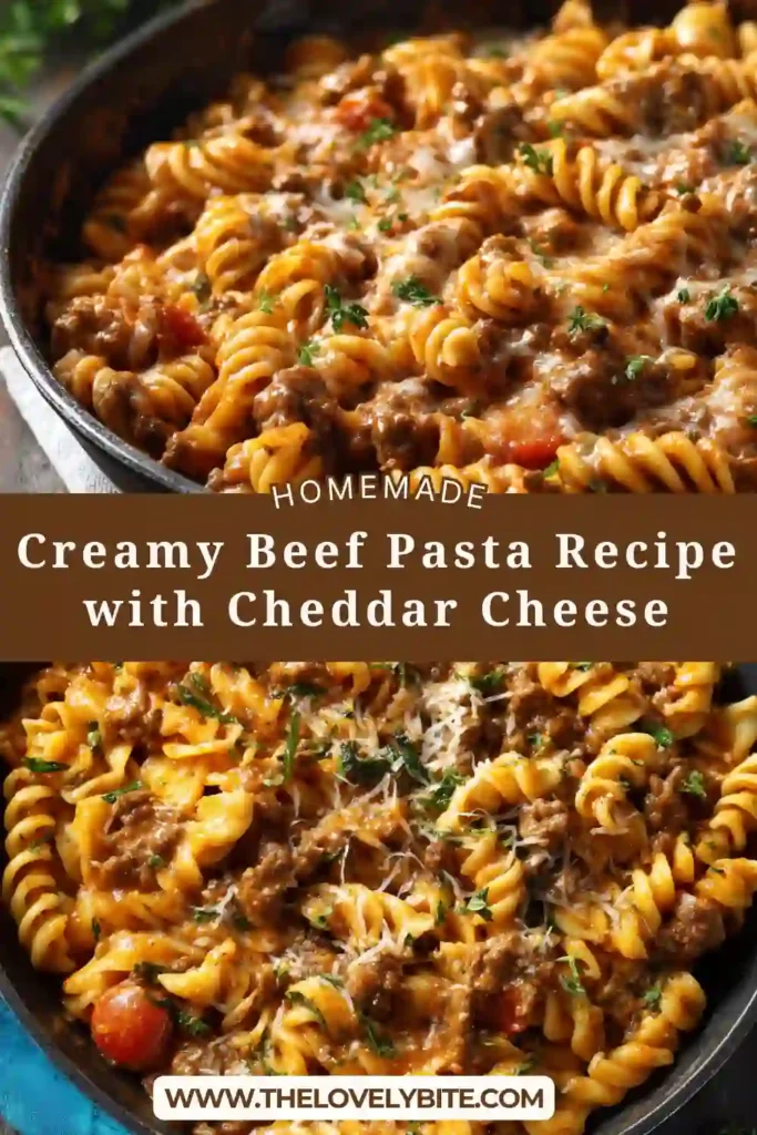 A bowl of creamy beef pasta made with rotini, seasoned ground beef, and melted cheddar cheese. The rich tomato cream sauce coats every piece of pasta for a comforting family dinner.