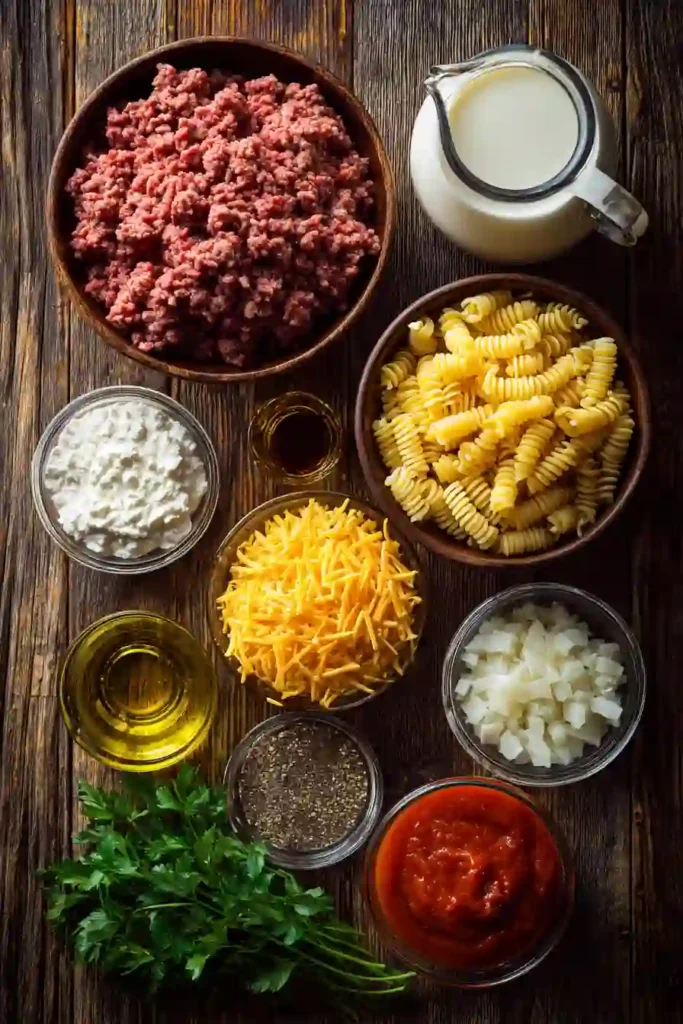 A comforting bowl of creamy beef pasta topped with parsley and served fresh from the skillet. The cheesy sauce and seasoned beef create a rich and flavorful meal.