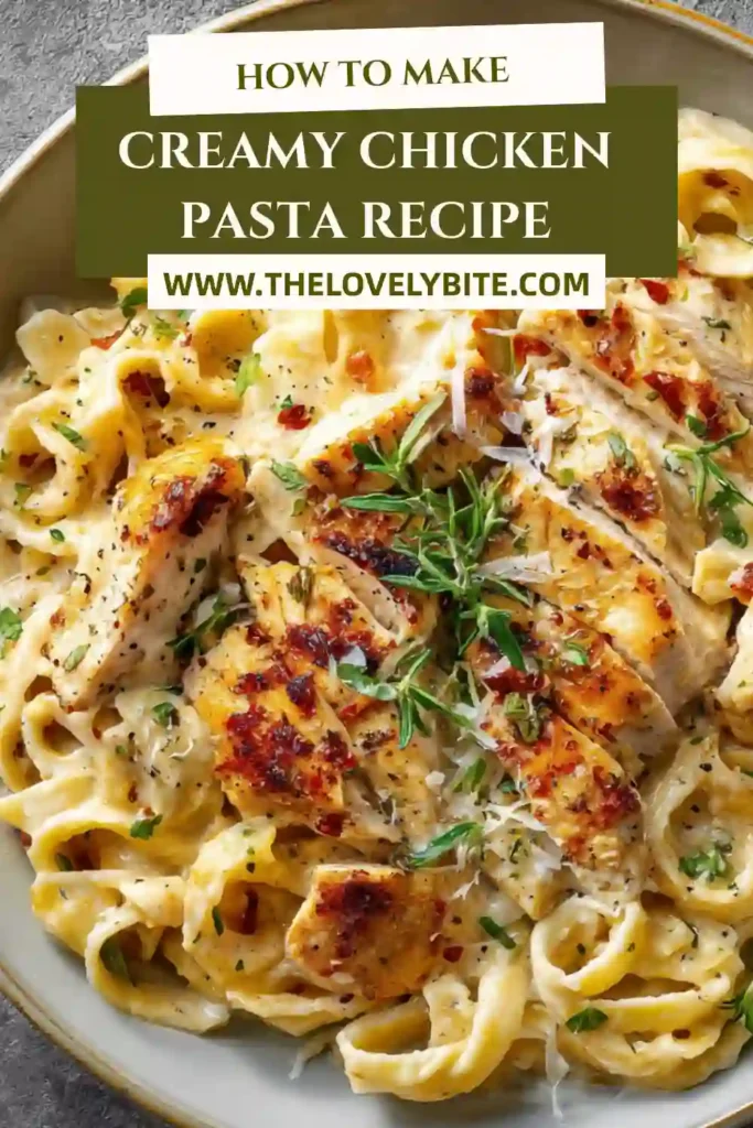 A bowl of creamy chicken pasta topped with freshly grated parmesan, rosemary leaves, and lemon zest. The pasta is coated in a rich garlic cream sauce with sliced golden chicken breast.