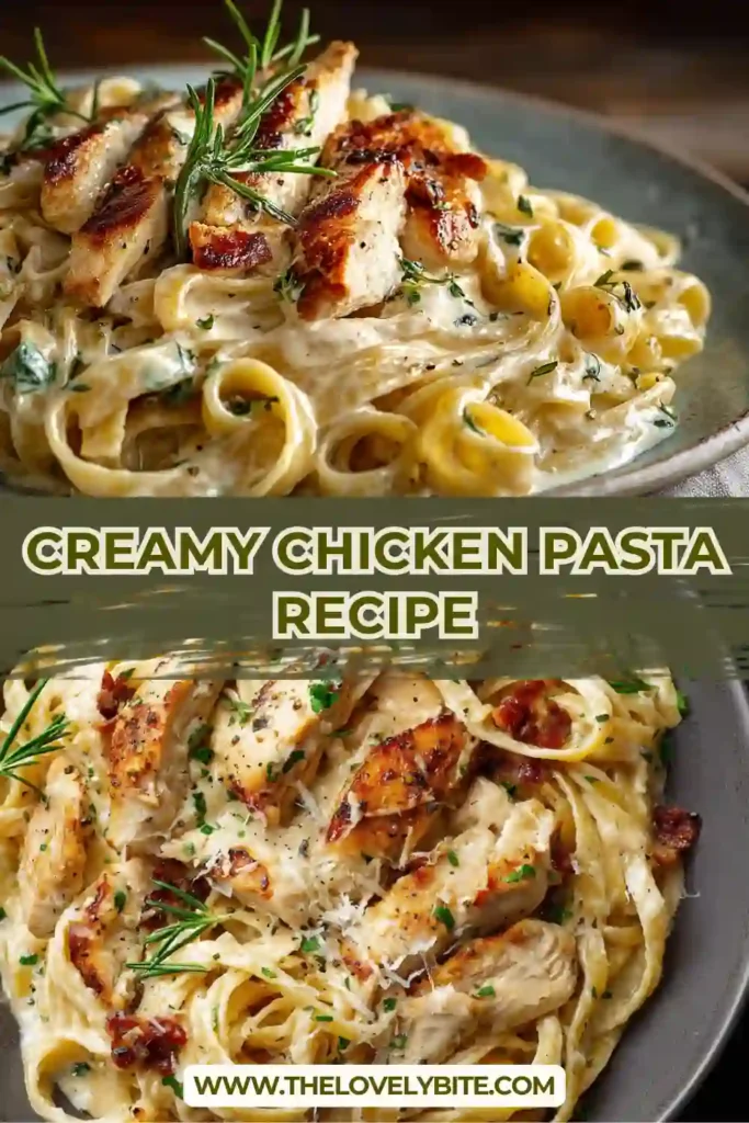 Creamy chicken pasta served with parmesan cheese and fresh herbs in a rustic bowl. Tender chicken slices sit over silky lemon rosemary pasta sauce.
