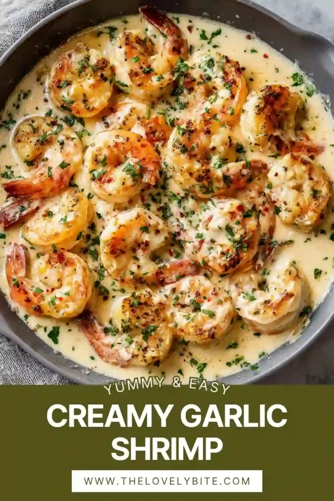 Close-up of creamy garlic shrimp cooked in a skillet with heavy cream, garlic, and parmesan cheese. This easy seafood dinner looks rich, comforting, and flavorful.