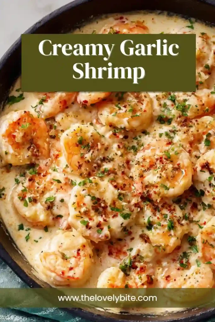 Creamy Garlic Shrimp served with fresh parsley and thick garlic cream sauce. The shrimp are perfectly cooked and coated in a smooth cheesy sauce.