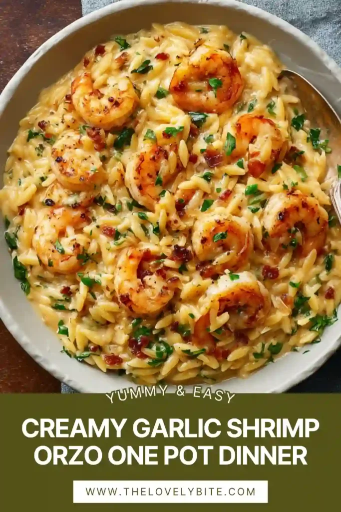 Creamy shrimp orzo pasta served in a skillet with garlic Parmesan sauce and fresh herbs. This one pot seafood dinner looks rich, comforting, and flavorful.