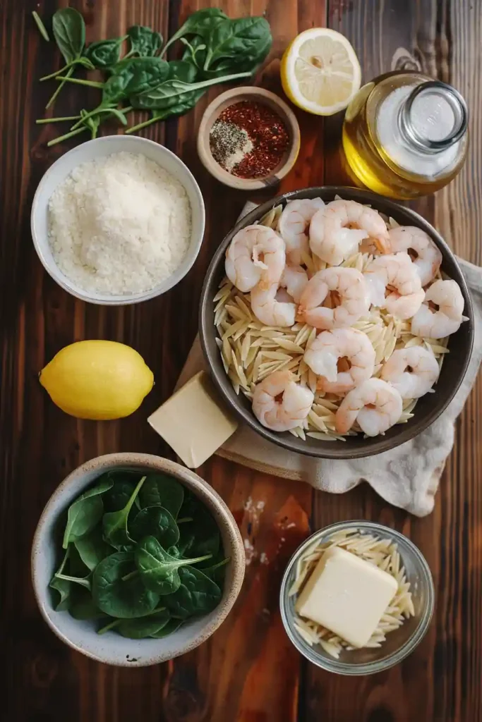 A bowl of Creamy Garlic Shrimp Orzo topped with Parmesan cheese, fresh parsley, and lemon zest. The creamy risotto-style orzo is filled with juicy shrimp and fresh spinach.