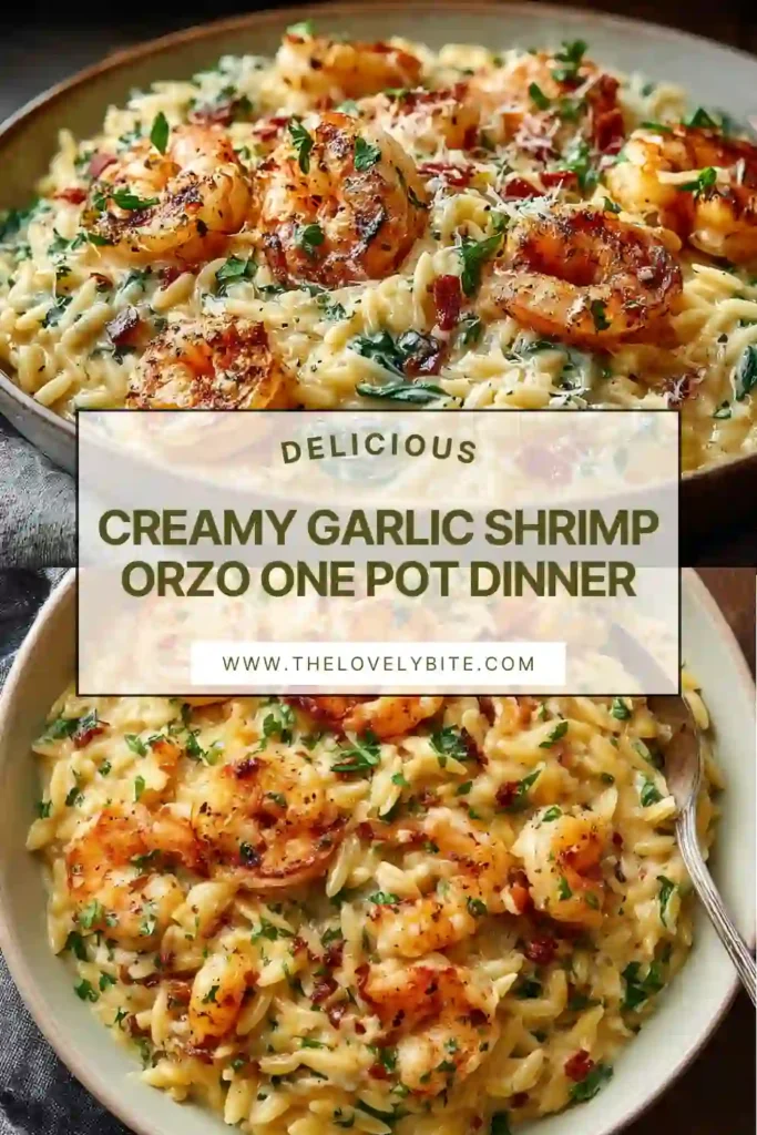 Close-up of creamy garlic shrimp orzo with tender shrimp, wilted spinach, and lemon garnish. The silky Parmesan sauce coats the orzo perfectly.