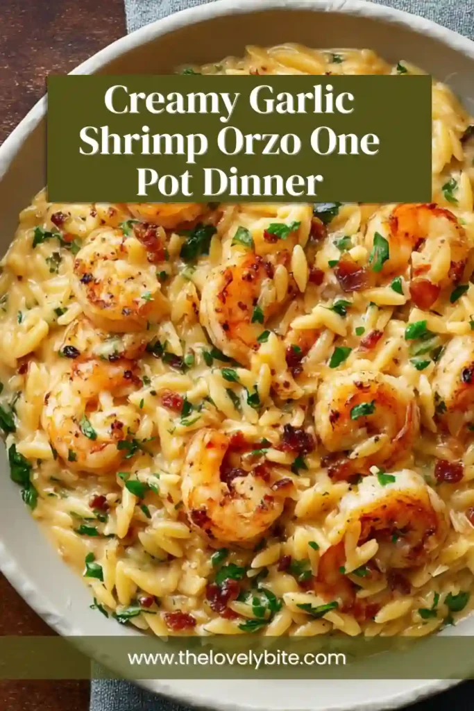 One pot creamy garlic shrimp orzo freshly cooked in a skillet with buttery shrimp and creamy lemon Parmesan sauce. A comforting seafood pasta recipe for dinner.