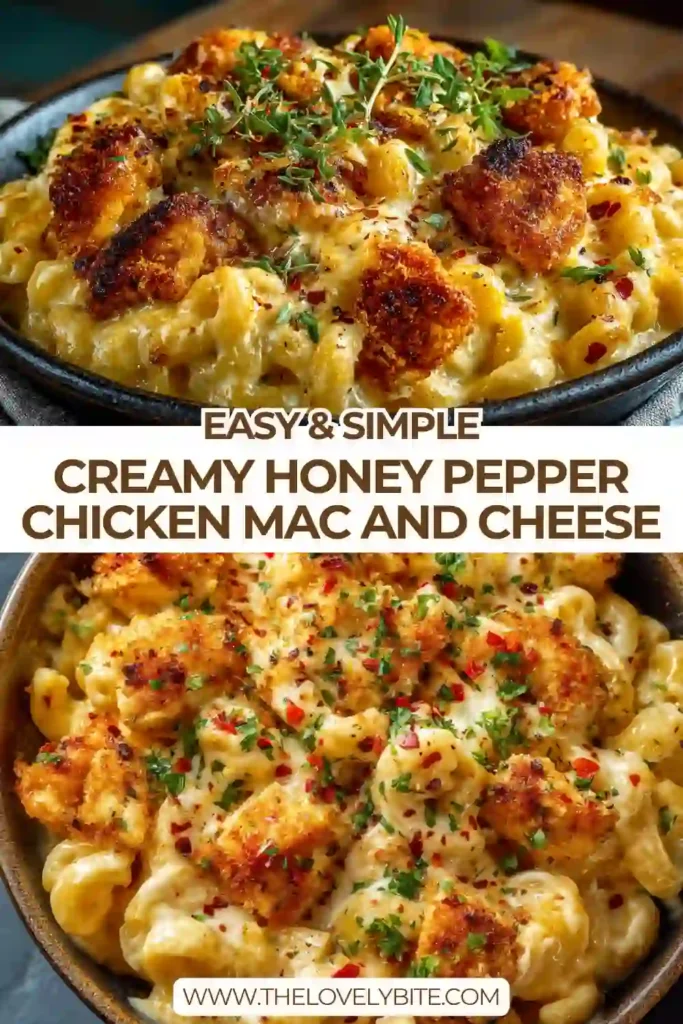 A bowl of Creamy Honey Pepper Chicken Mac and Cheese topped with crispy honey glazed chicken pieces and cracked black pepper. The cheesy macaroni looks creamy, rich, and comforting.