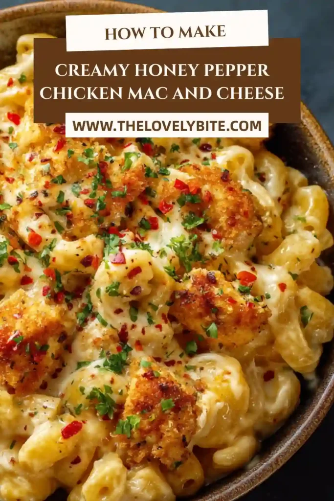 Golden crispy chicken coated in honey pepper glaze served over creamy cheddar mac and cheese. This homemade comfort food dinner is warm, cheesy, and flavorful.