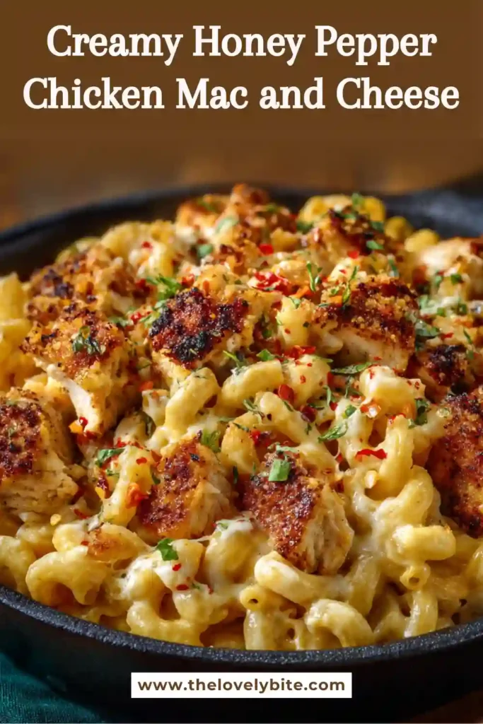 Close-up of creamy macaroni and cheese with crispy honey pepper chicken on top. Melted cheddar cheese and black pepper create a rich and savory appearance.