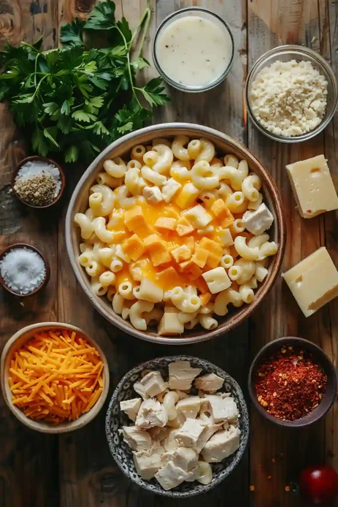 Creamy Honey Pepper Chicken Mac and Cheese served in a rustic bowl with fresh parsley garnish. The crispy chicken and velvety cheese sauce make this pasta dish irresistible.
