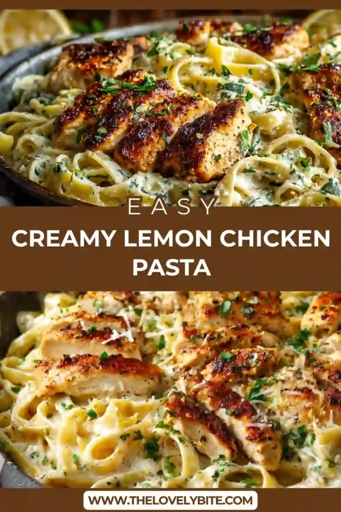 A bowl of creamy lemon chicken pasta topped with sliced chicken, parsley, and parmesan in a rich, glossy sauce. The pasta looks perfectly coated and vibrant.