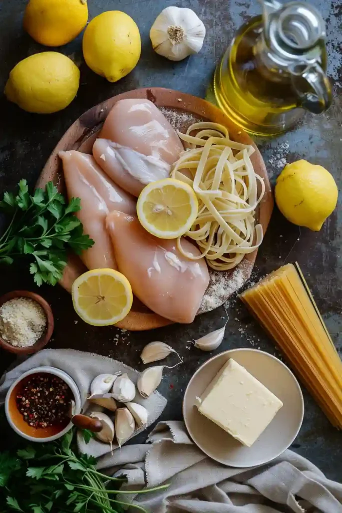 Freshly prepared creamy lemon chicken pasta with golden chicken pieces and a creamy citrus sauce, garnished with herbs.