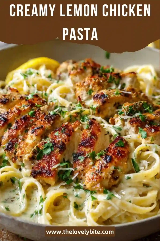 Close-up of creamy lemon chicken pasta with tender chicken slices and fresh herbs, highlighting the smooth lemon cream sauce.
