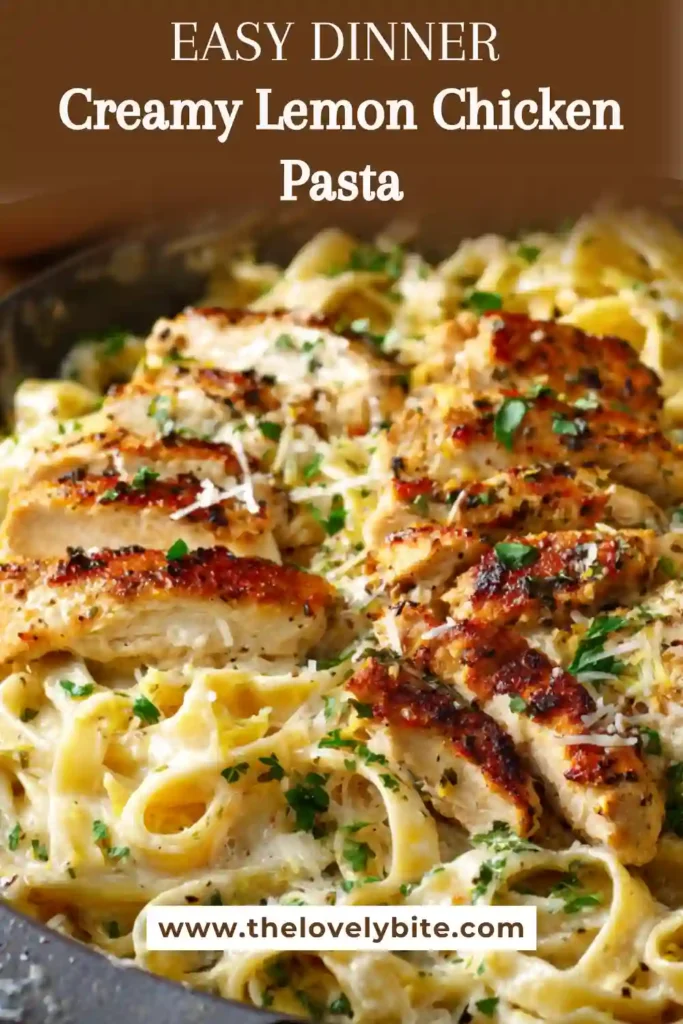 Creamy lemon chicken pasta served in a white bowl with visible lemon zest, parsley, and grated cheese. The sauce appears rich and silky.