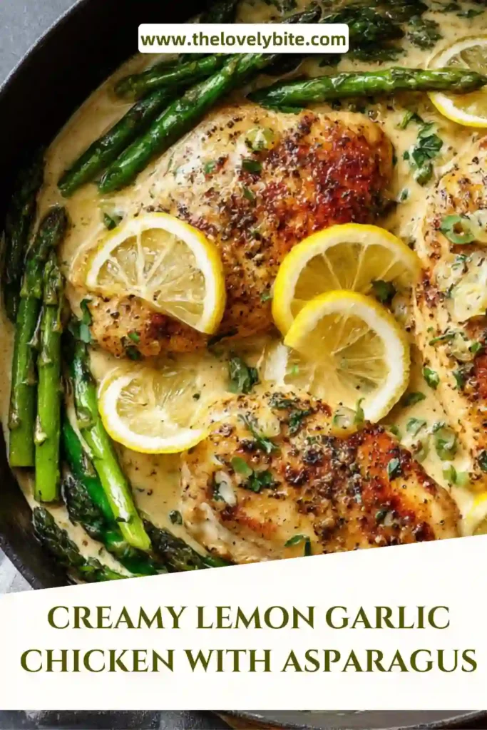 A close-up of Creamy Lemon Garlic Chicken with Asparagus featuring juicy chicken in a creamy lemon sauce with vibrant asparagus. Perfect for a quick 30 minute dinner recipe.