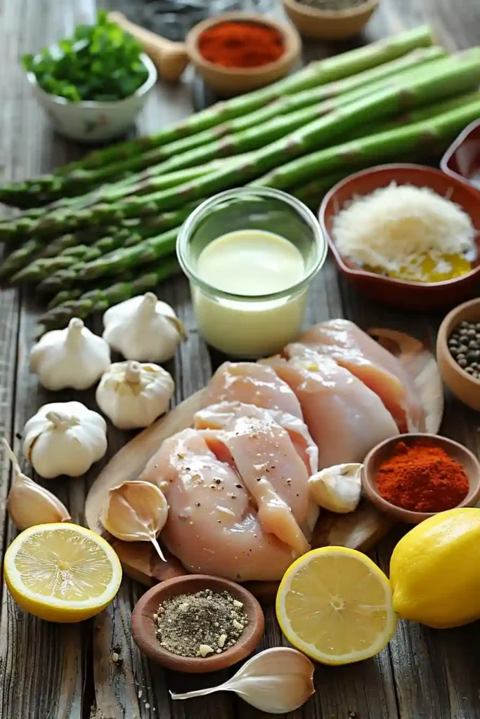 Creamy Lemon Garlic Chicken with Asparagus served in a skillet with tender chicken breasts and fresh asparagus coated in a rich lemon garlic cream sauce. This easy one pan chicken dinner looks comforting and flavorful.