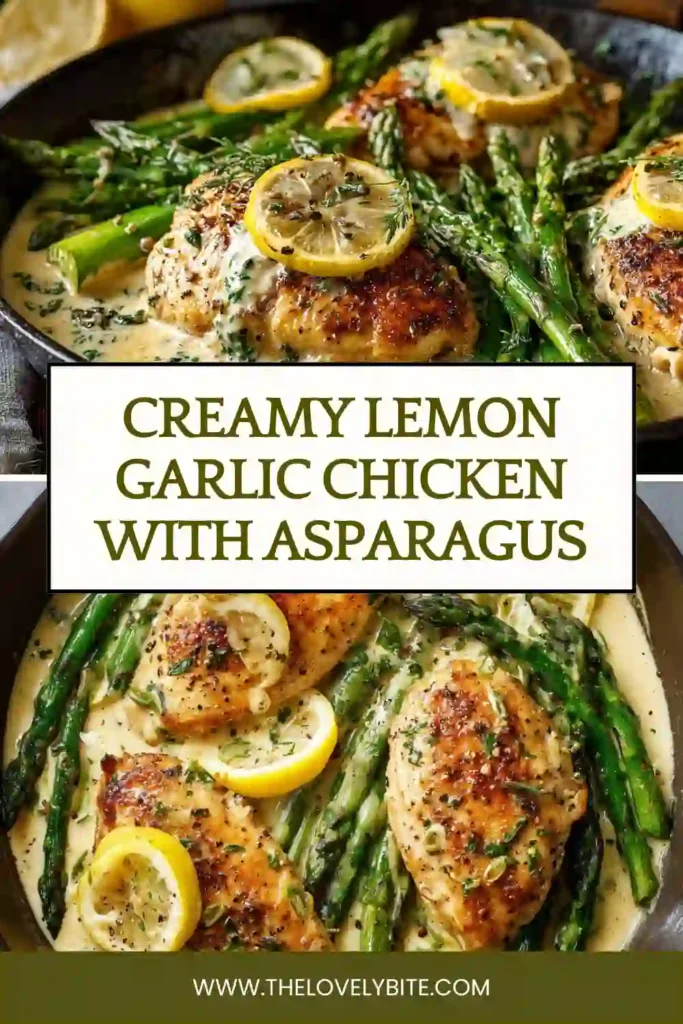 This Creamy Lemon Garlic Chicken with Asparagus recipe features golden chicken breasts simmered in garlic cream sauce with fresh asparagus. A simple and elegant weeknight meal.