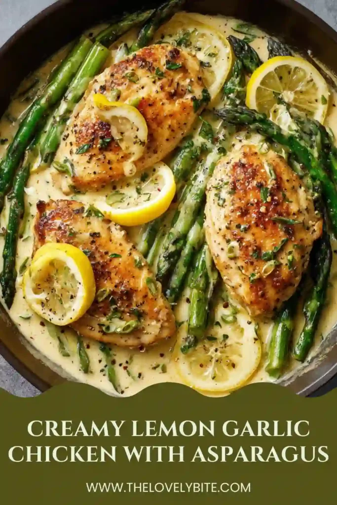 Tender chicken breasts with asparagus in a creamy lemon garlic sauce served fresh from the skillet. A rich and easy low carb chicken dinner recipe.