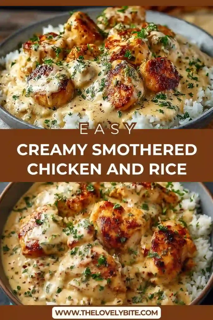 Close-up of Creamy Smothered Chicken and Rice with juicy chicken thighs simmered in creamy herb sauce and served over steamed rice. A hearty comfort food recipe ideal for weeknight dinners.