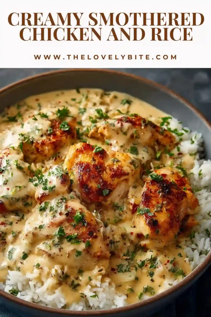 A plate of Creamy Smothered Chicken and Rice topped with creamy sauce and fresh parsley. This easy chicken and rice recipe looks rich, savory, and satisfying.