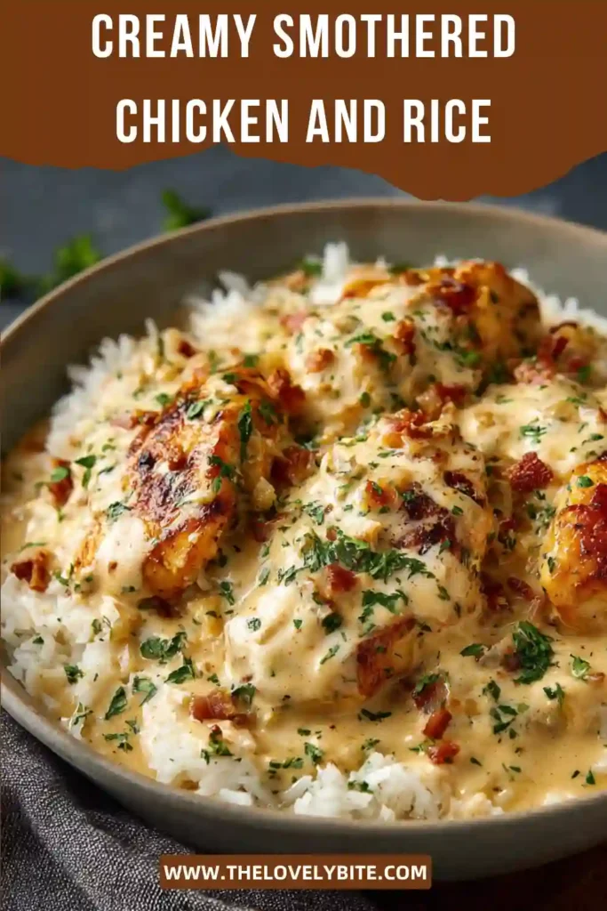 Creamy Smothered Chicken and Rice in a rustic skillet with golden chicken pieces and thick garlic cream sauce. A cozy homemade dinner recipe with classic comfort food flavors.