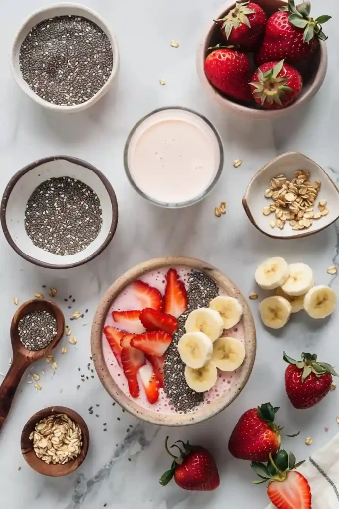 Thick strawberry smoothie bowl with banana base, topped with seeds and granola for added texture and nutrition.